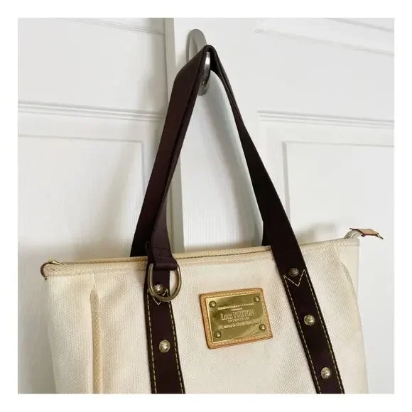 Louis Vuitton Antigua Cabás MM Canvas Tote Bag Cream Brown Trim Brass Rivets - Picture 2 of 12